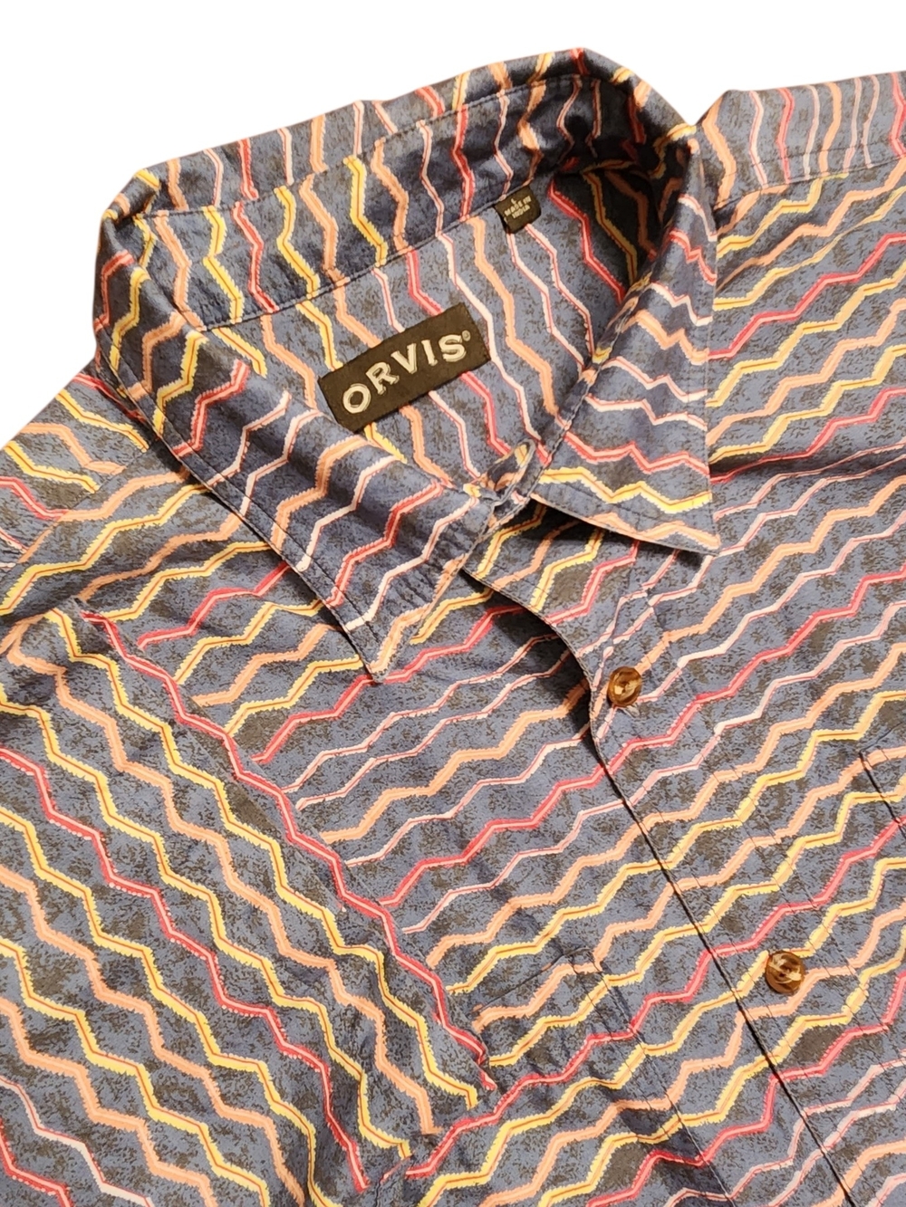Orvis Size Large Men's Blue Geometric Wave Stripe Button-Down Short Sleeve Shirt